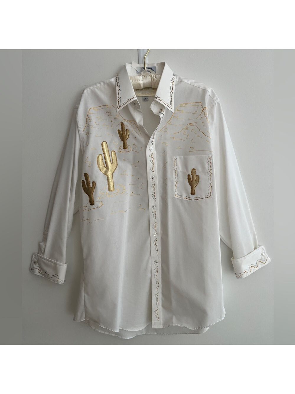 UPCYCLED Western Long Sleeve Cactus Metallic Detail Shirt Rhinestone Buttons